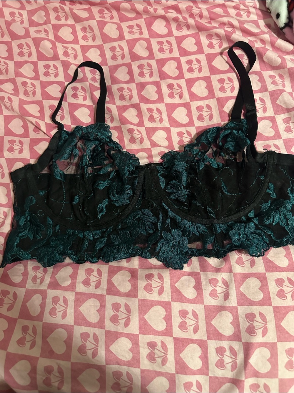 Sheer Black Lace Underwire Bra with Teal Floral Embroidery
